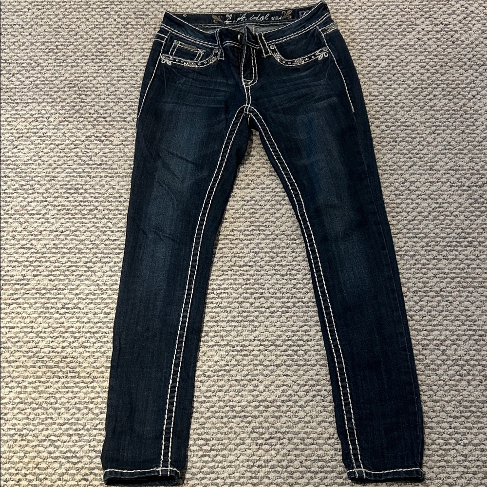 L.A. Idol Dark Blue Skinny Jeans with White Stitching